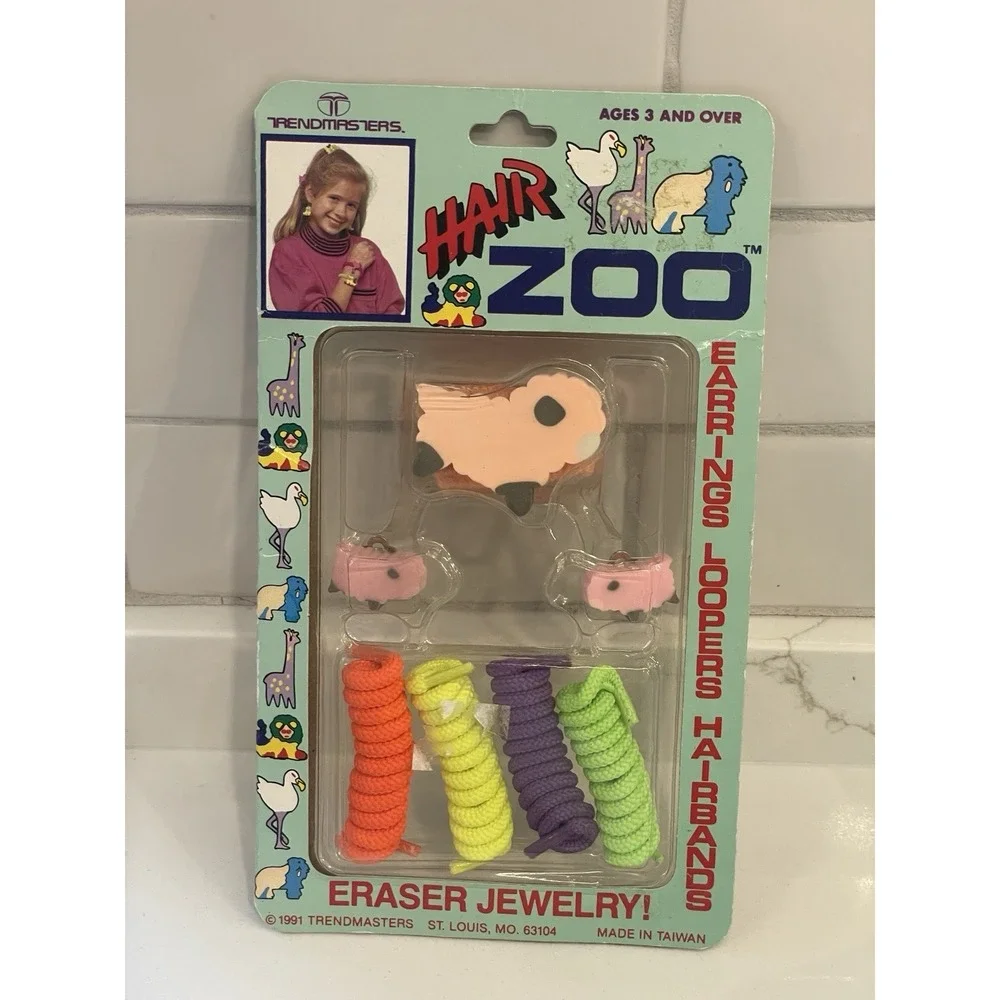 Vintage Hair Zoo Eraser Jewelry Animals Hairbands Loopers Earrings 1991 New